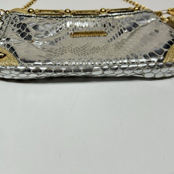 MICHELLE MONROE Croc Embossed Silver Gold Convertible Clutch Bag Key Chain Flaw - Picture 5 of 10